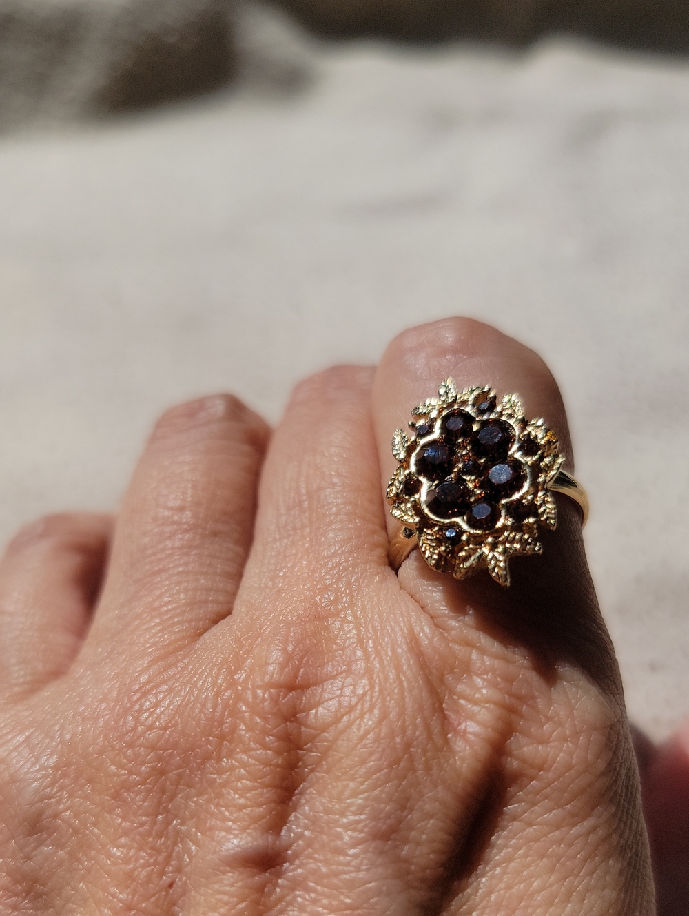 Vintage-Inspired Gold Cluster Ring - Deep Brown Gemstones.